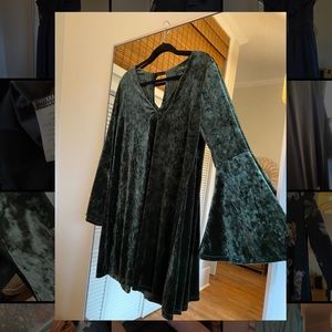 Green velvet bell sleeve dress
